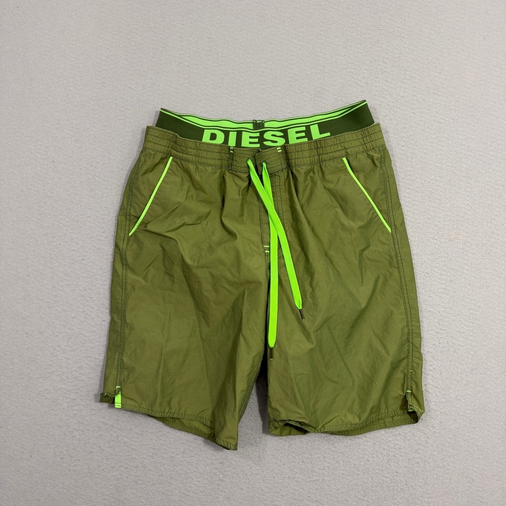 Diesel Swim Trunks Mens Large Green Beachwear Board Shorts Logo Waistband